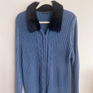 Vintage Cable Knit Zip Up Cardigan with Fur Collar